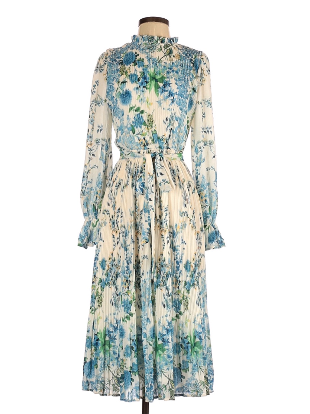 Floral Blue & Cream Pleated Maxi Dress